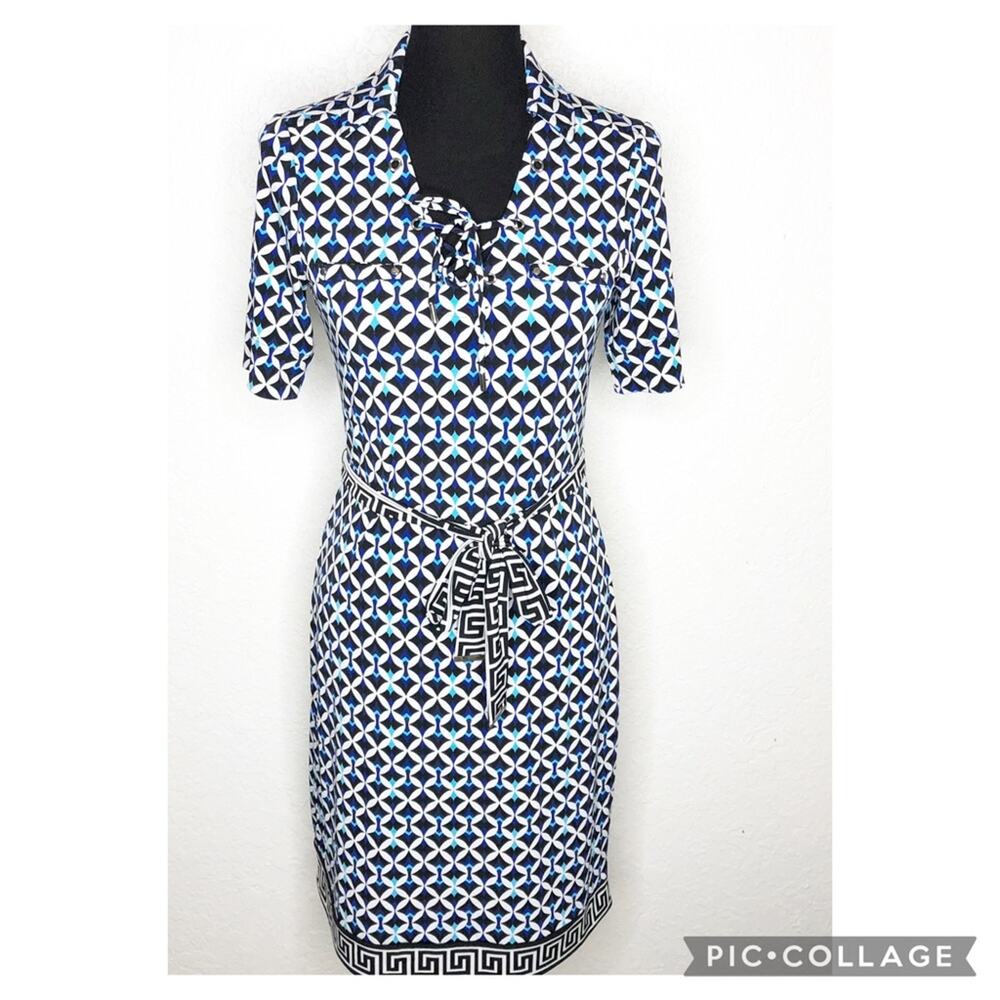 WHBM white black blue geometric belted dress size Extra Small‎ XS
